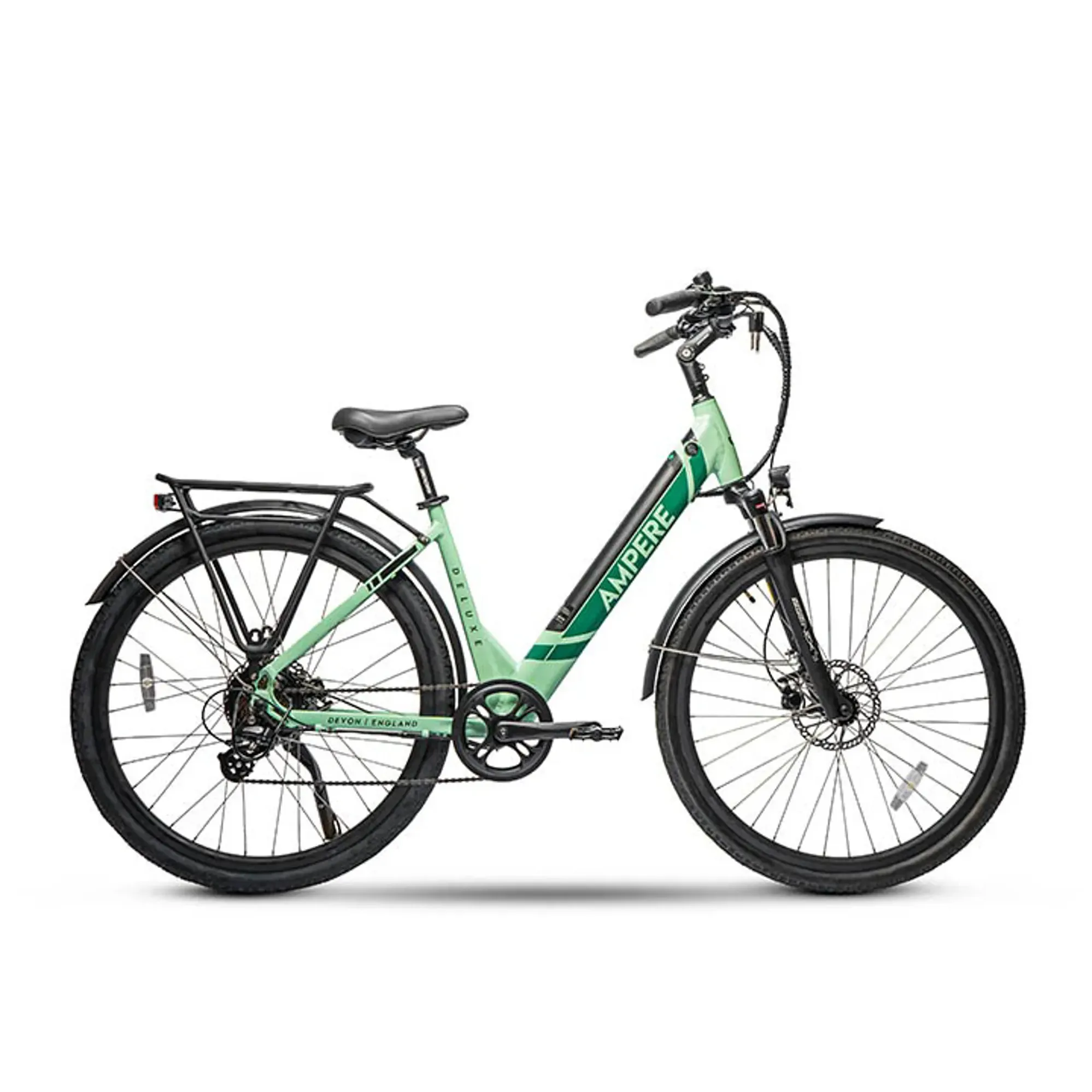 deluxe electric bicycle Micargi Cyclone 2.0 500W Fat Tire Cruiser Bike and range. Ampere Deluxe Step Through 700c