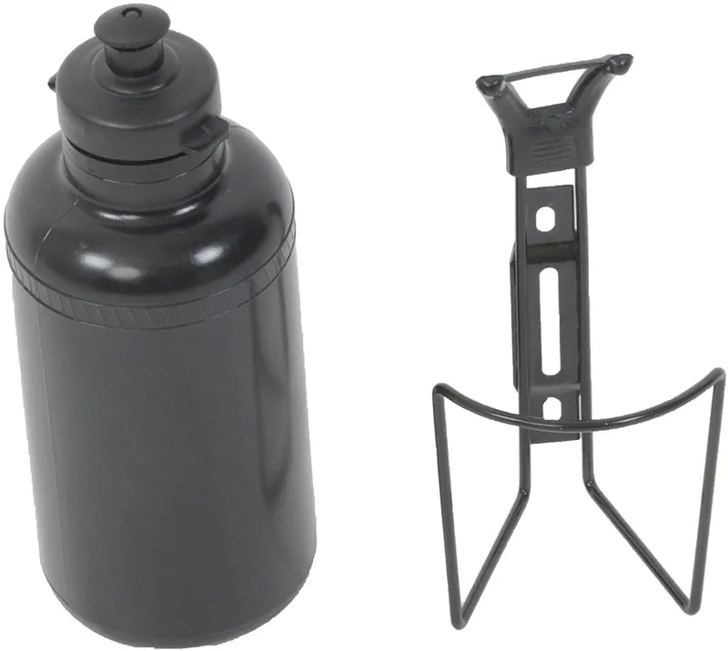 Black Squeezable sports bottle with Black Alloy bottle cage 